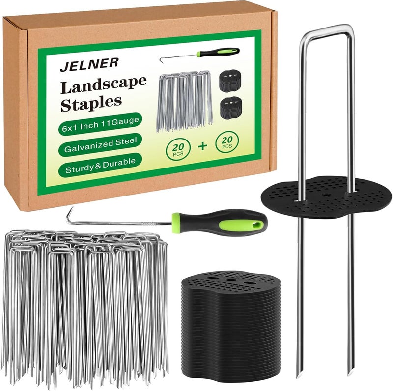 JELNER Garden Stakes,6 Inch 11 Gauge 20pcs Galvanized Landscape Staples + 20pcs Gaskets + 1Pick Hook, Tent Stakes Landscaping Fabric SOD Pins for Weed Fabric Barrier,Groud Cover,Fence - Image 1